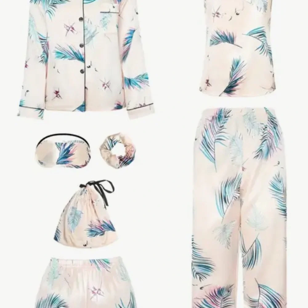 Tropical Print Pajama Set Cami Long and Short Pants Eye Mask 7 Pieces Gift Set